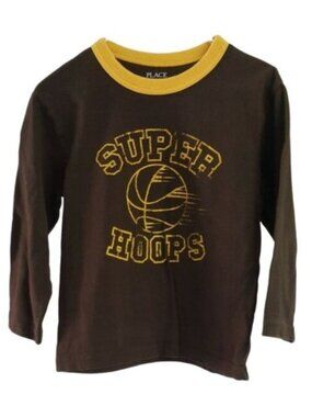 Children's Place Boys Super Hoops Basketball T Shirt Brown XS Long Sleeve Crew